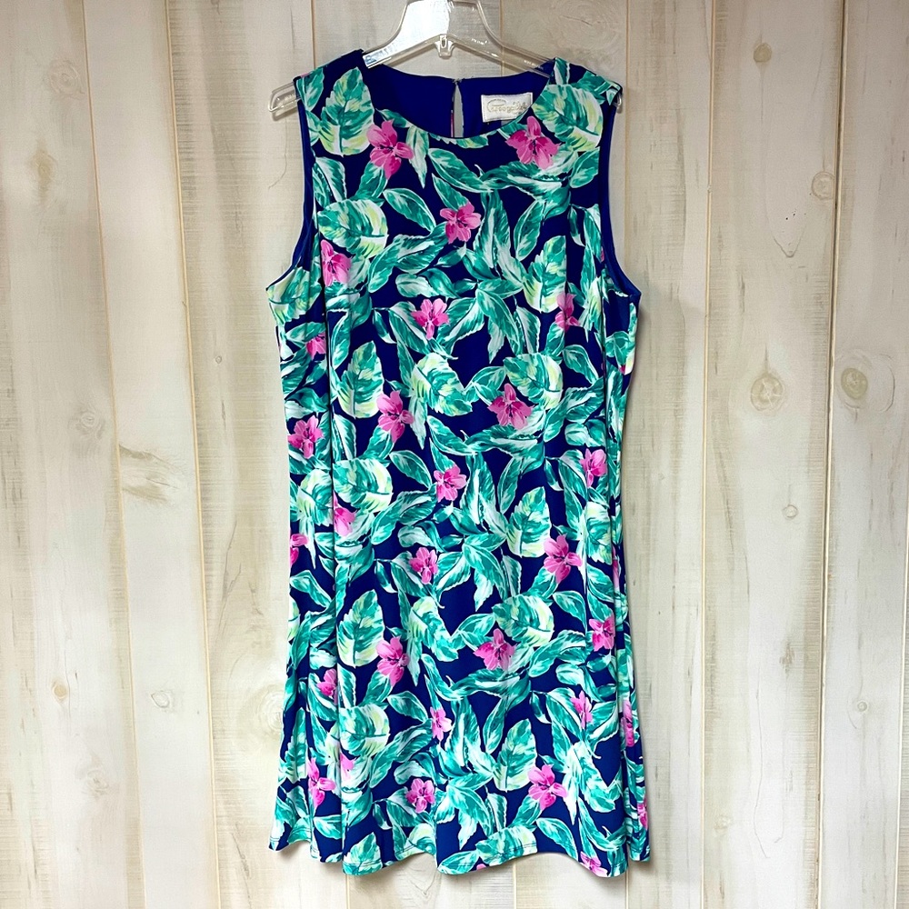 Pappagallo Navy Green Pink Floral Print Sleeveless Sheath Dress Sz 2X